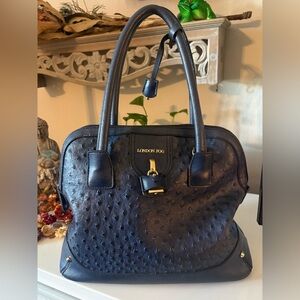 London Fog Lark Ostrich Embossed Faux Leather Satchel in Navy